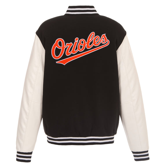 Baltimore Orioles - JH Design Reversible Fleece Jacket with Faux Leather Sleeves - Black/White - J.H. Sports Jackets