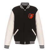 Baltimore Orioles - JH Design Reversible Fleece Jacket with Faux Leather Sleeves - Black/White - J.H. Sports Jackets