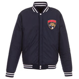 Florida Panthers JH Design Reversible Fleece Jacket with Faux Leather Sleeves - Navy/White - JH Design