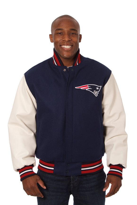 New England Patriots Two-Tone Wool and Leather Jacket - Navy/White - J.H. Sports Jackets