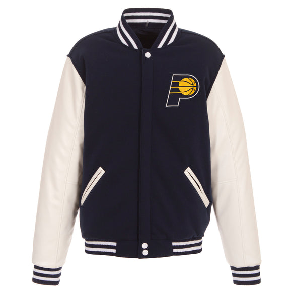 Indiana Pacers - JH Design Reversible Fleece Jacket with Faux Leather Sleeves - Navy/White - JH Design