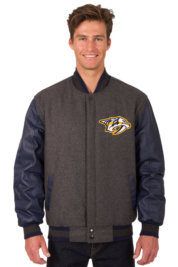 Nashville Predators Wool & Leather Reversible Jacket w/ Embroidered Logos - Charcoal/Navy - J.H. Sports Jackets