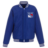 New York Rangers JH Design Reversible Fleece Jacket with Faux Leather Sleeves - Royal/White - JH Design