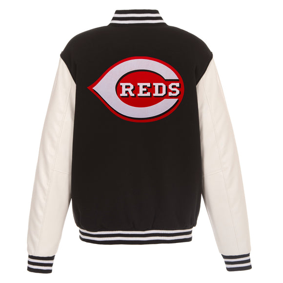 Cincinnati Reds - JH Design Reversible Fleece Jacket with Faux Leather Sleeves - Black/White - J.H. Sports Jackets