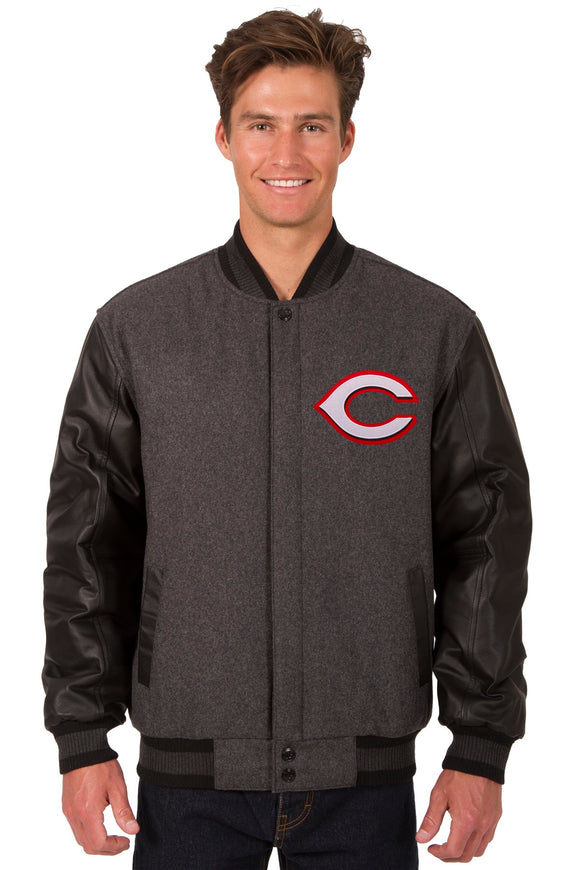Cincinnati Reds Wool & Leather Reversible Jacket w/ Embroidered Logos - Charcoal/Black - J.H. Sports Jackets