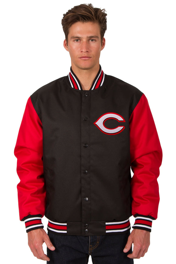 Cincinnati Reds Poly Twill Varsity Jacket - Black/Red - JH Design