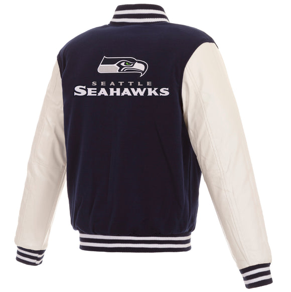 Seattle Seahawks - JH Design Reversible Fleece Jacket with Faux Leather Sleeves - Navy/White - J.H. Sports Jackets