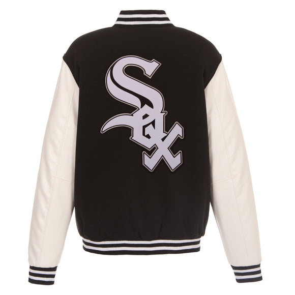 Chicago White Sox JH Design Reversible Fleece Jacket with Faux Leather Sleeves - Black/White - J.H. Sports Jackets
