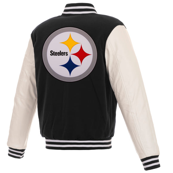Pittsburgh Steelers - JH Design Reversible Fleece Jacket with Faux Leather Sleeves - Black/White - J.H. Sports Jackets