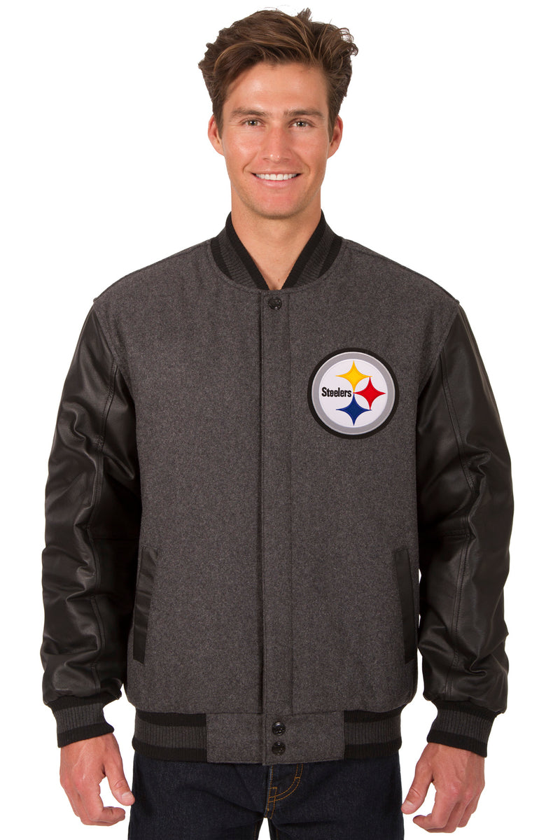 Pittsburgh Steelers Wool & Leather Reversible Jacket w/ Embroidered Logos -  Charcoal/Black