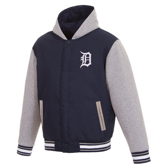 Detroit Tigers Two-Tone Reversible Fleece Hooded Jacket - Navy/Grey - JH Design