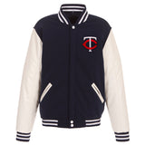 Minnesota Twins - JH Design Reversible Fleece Jacket with Faux Leather Sleeves - Navy/White - J.H. Sports Jackets