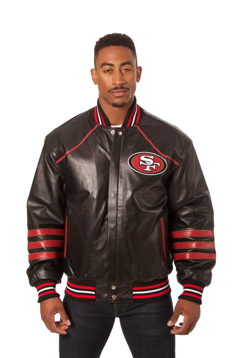 Bundesliga San Francisco 49ers Logo Brown Black Leather Jacket -  Freedomdesign