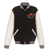 Minnesota Wild - JH Design Reversible Fleece Jacket with Faux Leather Sleeves - Black/White - J.H. Sports Jackets