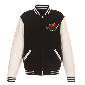 Minnesota Wild JH Design Reversible Fleece Jacket with Faux Leather Sleeves - Black/White - JH Design