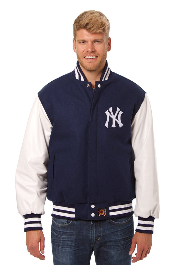 New York Yankees Two-Tone Wool and Leather Jacket - Navy - JH Design