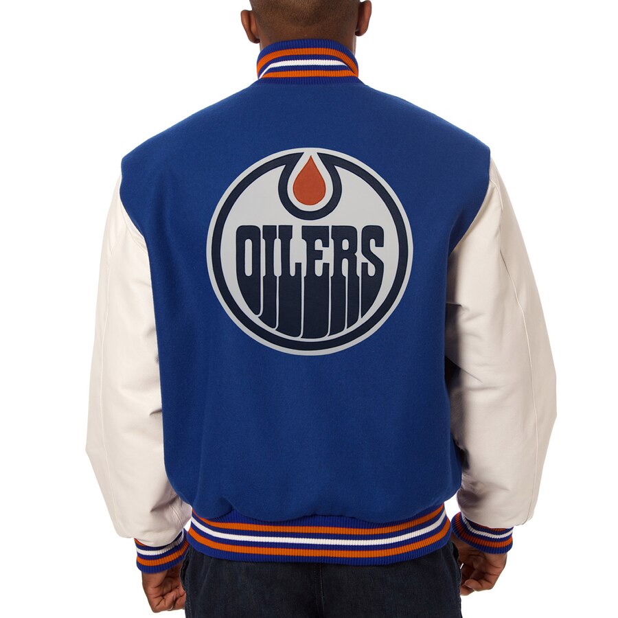 JH Design Edmonton Oilers Varsity Blue Reversible Wool Jacket