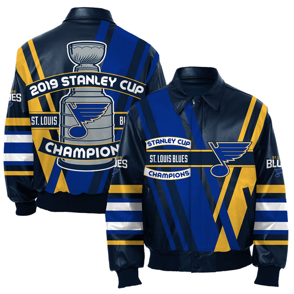 St. Louis Blues JH Design 2019 Stanley Cup Champions Lambskin Leather Jacket - Navy - JH Design