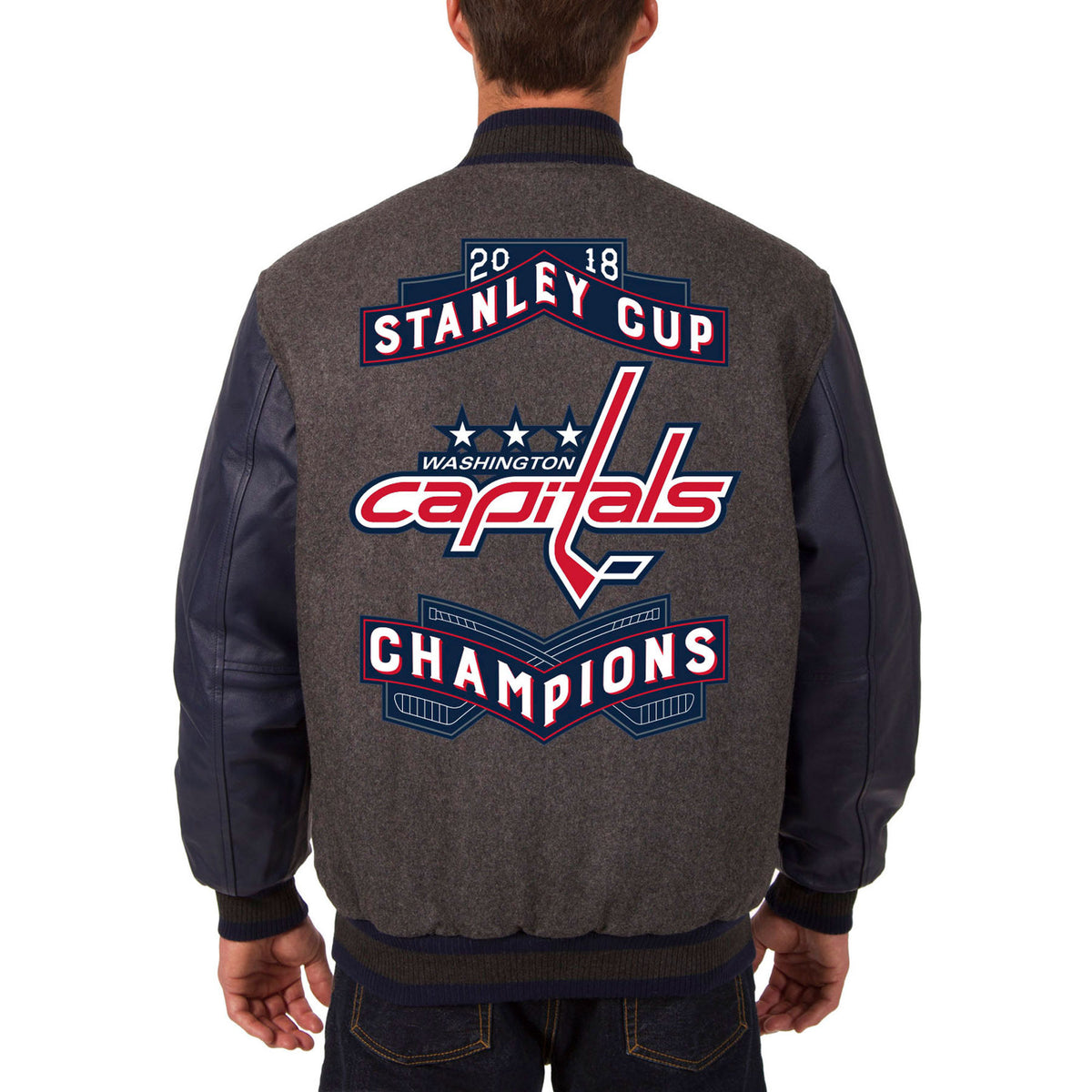 Washington Capitals JH Design 2018 Stanley Cup Champions Wool & Leather Jacket – Charcoal Medium