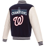 Washington Nationals JH Design 2019 World Series Champions Reversible Fleece Full-Snap Jacket with Faux Leather Sleeves - Navy - JH Design