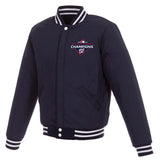 Washington Nationals JH Design 2019 World Series Champions Reversible Fleece Full-Snap Jacket with Faux Leather Sleeves - Navy - JH Design