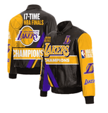 Los Angeles Lakers JH Design 17-Time NBA Finals Champions Embroidered Logos Full-Snap Lambskin Leather Jacket - Black