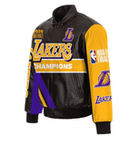 Los Angeles Lakers JH Design 17-Time NBA Finals Champions Embroidered Logos Full-Snap Lambskin Leather Jacket - Black