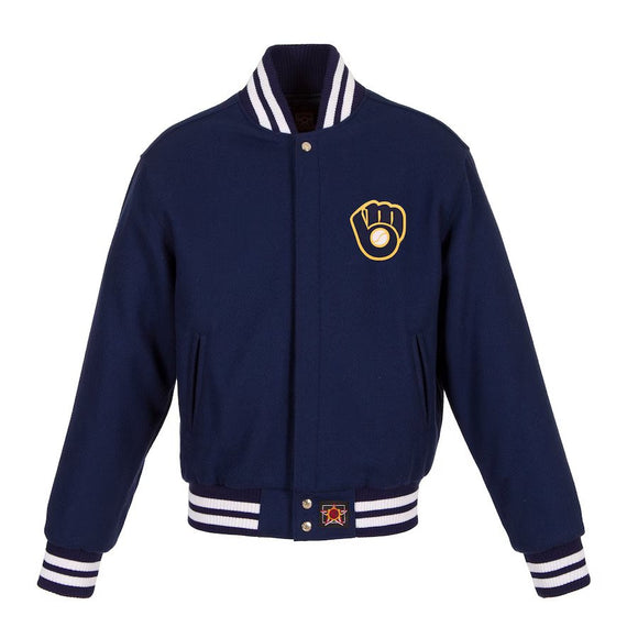 Milwaukee Brewers JH Design Women's Embroidered Logo All-Wool Jacket - Navy - J.H. Sports Jackets