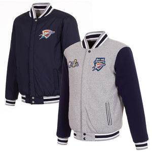 Oklahoma City Thunder JH Design 2025 NBA Finals Champions Reversible Fleece Full-Snap Two-Tone Jacket – Gray - J.H. Sports Jackets