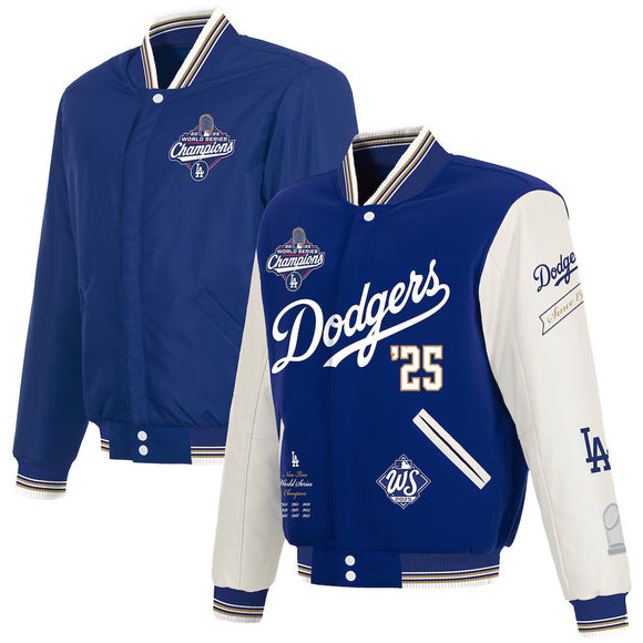 Los Angeles Dodgers JH Design 2025 World Series Champions Reversible Fleece & Faux Leather Full-Snap Jacket – Royal-White