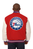 Philadelphia 76ers Domestic Two-Tone Handmade Wool and Leather Jacket-Red/White - J.H. Sports Jackets