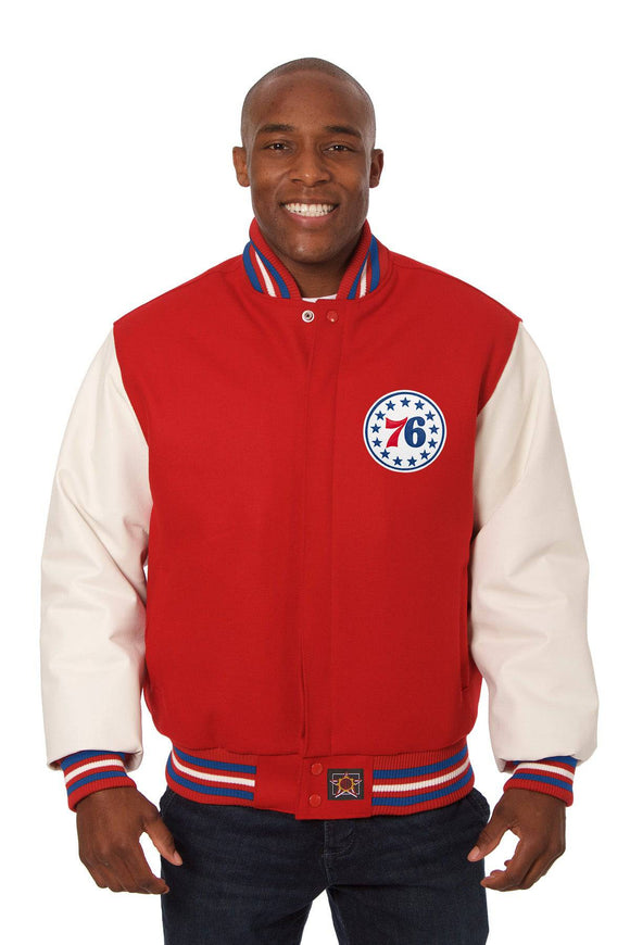 Philadelphia 76ers Domestic Two-Tone Handmade Wool and Leather Jacket-Red/White