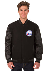 Philadelphia 76ers Wool & Leather Reversible Jacket w/ Embroidered Logos - Black