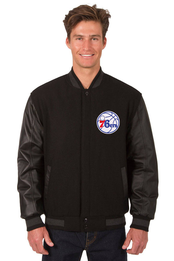 Philadelphia 76ers Wool & Leather Reversible Jacket w/ Embroidered Logos - Black