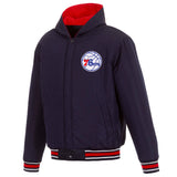 Philadelphia 76ers Two-Tone Reversible Fleece Hooded Jacket - Navy/Red