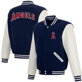 Los Angeles Angels Reversible Fleece Jacket with Faux Leather Sleeves - Navy/White - J.H. Sports Jackets
