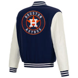 Houston Astros Reversible Fleece Jacket with Faux Leather Sleeves - Navy/White - J.H. Sports Jackets