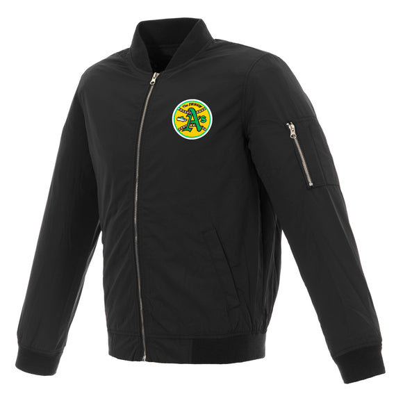 Oakland Athletics Lightweight Nylon Bomber Jacket-Black-Vintage Logo