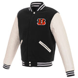 Cincinnati Bengals -JH Design Reversible Fleece Jacket with Faux Leather Sleeves - Black/White