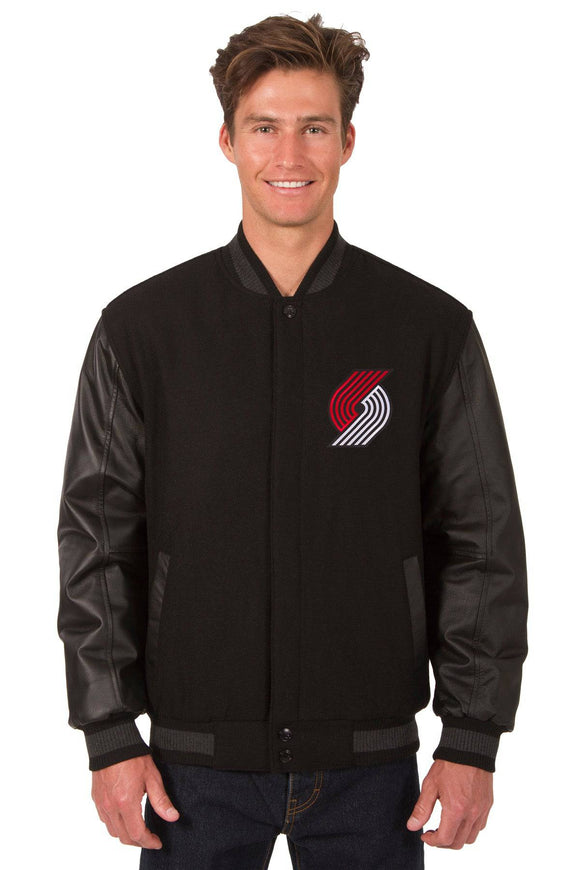 Portland Trail Blazers Wool & Leather Reversible Jacket w/ Embroidered Logos - Black