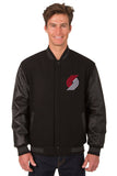 Portland Trail Blazers Wool & Leather Reversible Jacket w/ Embroidered Logos - Black