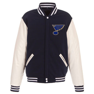 St. Louis Blues JH Design Reversible Fleece Jacket with Faux Leather Sleeves - Navy/White