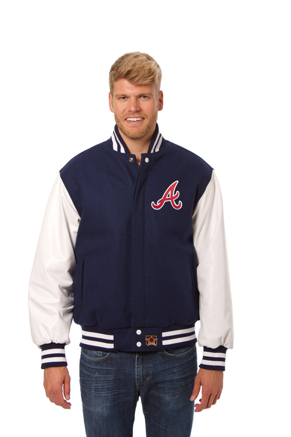 Atlanta Braves Domestic Two-Tone Handmade Wool and Leather Jacket-Navy/White - J.H. Sports Jackets