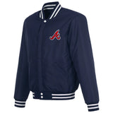 Atlanta Braves Reversible Fleece Jacket with Faux Leather Sleeves - Navy-White - J.H. Sports Jackets