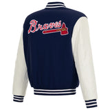 Atlanta Braves Reversible Fleece Jacket with Faux Leather Sleeves - Navy-White - J.H. Sports Jackets