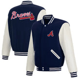 Atlanta Braves Reversible Fleece Jacket with Faux Leather Sleeves - Navy-White - J.H. Sports Jackets