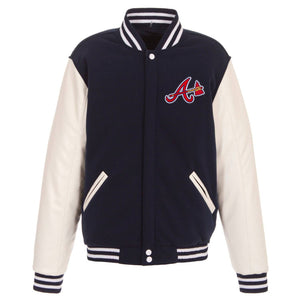 Atlanta Braves - JH Design Reversible Fleece Jacket with Faux Leather Sleeves - Navy/White