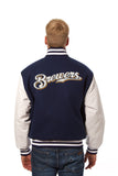 Milwaukee Brewers Domestic Two-Tone Handmade Wool and Leather Jacket-Navy/White - J.H. Sports Jackets