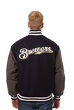 Milwaukee Brewers Two-Tone Wool Jacket w/ Handcrafted Leather Logos - Navy/Gray