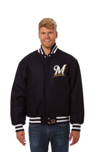 Milwaukee Brewers Wool Jacket w/ Handcrafted Leather Logos - Navy